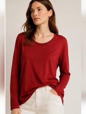 Eileen Fisher Burgundy Red Silk Cotton Long Sleeve Knit Top Relaxed Fit Size M